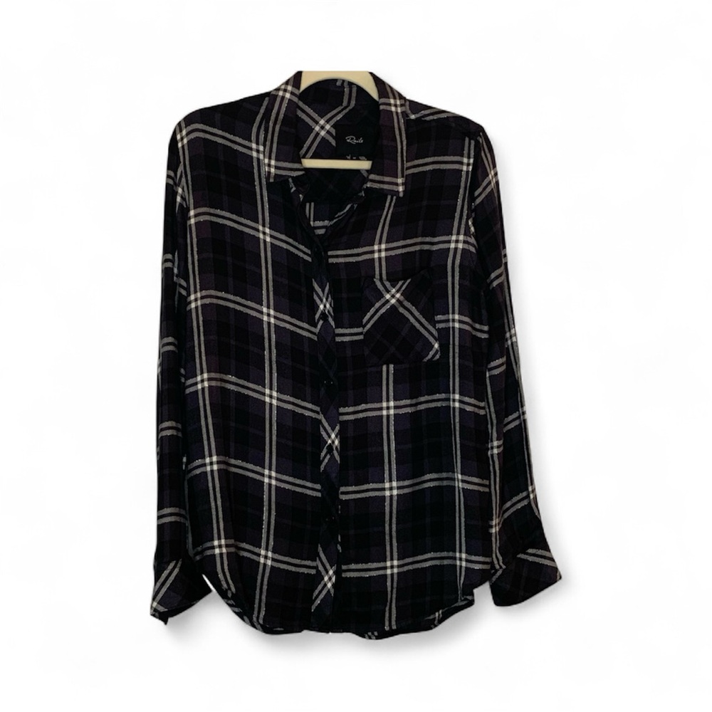 Rails Black and White Plaid with Silver Metallic Button up Long Sleeve Shirt